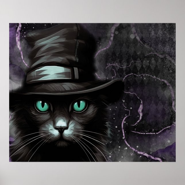 Black Cat Hat Argyle Alcohol Ink Poster (Front)