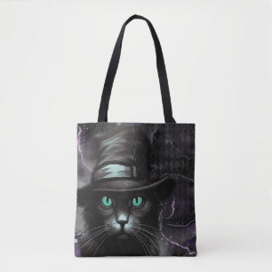 Black Cat Hat Argyle Alcohol Ink Tote Bag