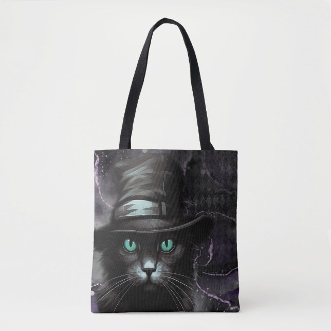 Black Cat Hat Argyle Alcohol Ink  Tote Bag (Front)