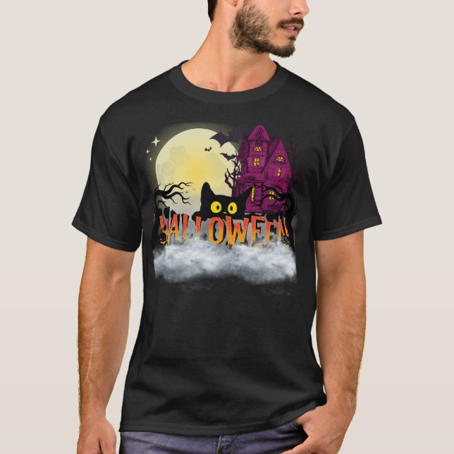 Black Cat & Haunted House – Halloween Night Design T-Shirt (Front)