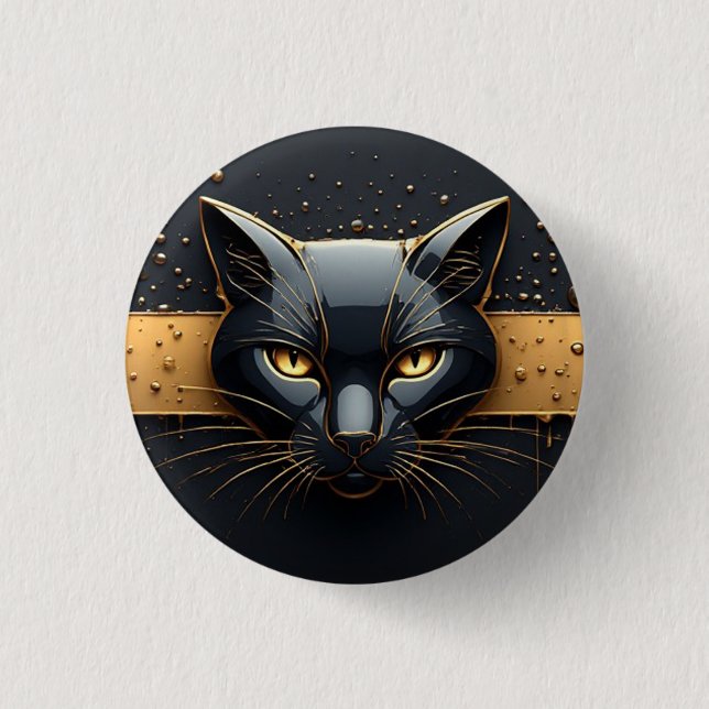 Black Cat Head With Gold Drip Design 🐈 3 Cm Round Badge (Front)