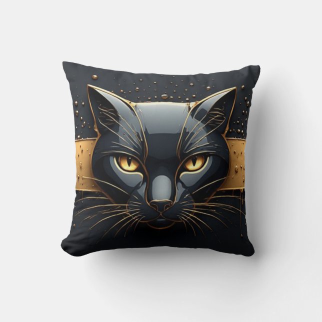 Black Cat Head With Gold Drip Design 🐈 Cushion (Front)