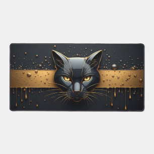 Black Cat Head With Gold Drip Design 🐈 Desk Mat