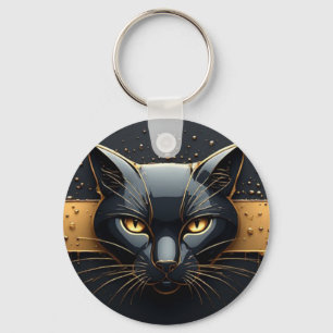 Black Cat Head With Gold Drip Design 🐈 Key Ring