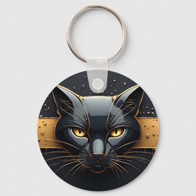 Black Cat Head With Gold Drip Design 🐈 Key Ring (Front)