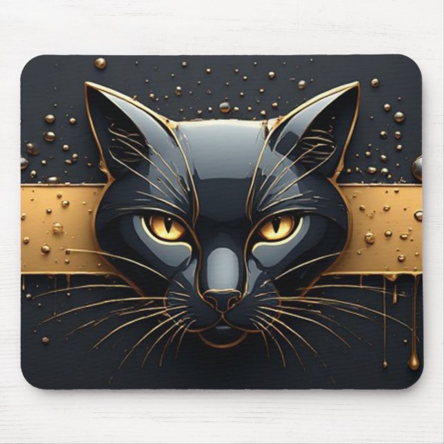 Black Cat Head With Gold Drip Design 🐈 Mouse Pad (Front)