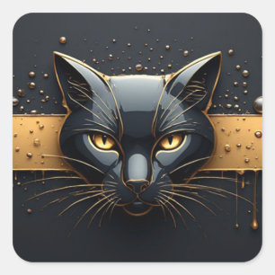 Black Cat Head With Gold Drip Design 🐈 Square Sticker