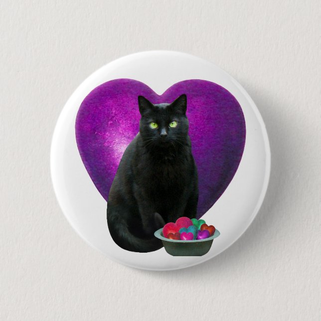 Black Cat Heart 6 Cm Round Badge (Front)