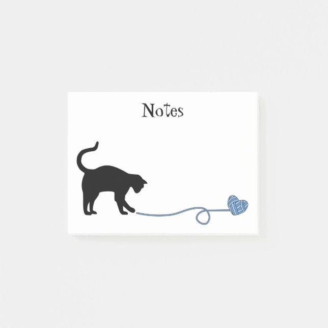 Black Cat & Heart Shaped Yarn (Blue) Post-it Notes (Front)