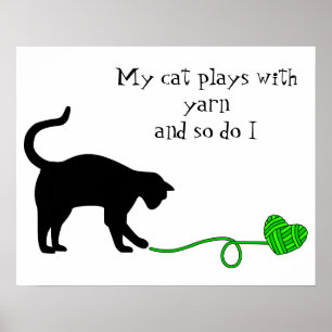 Black Cat & Heart Shaped Yarn (Lime Green) Poster