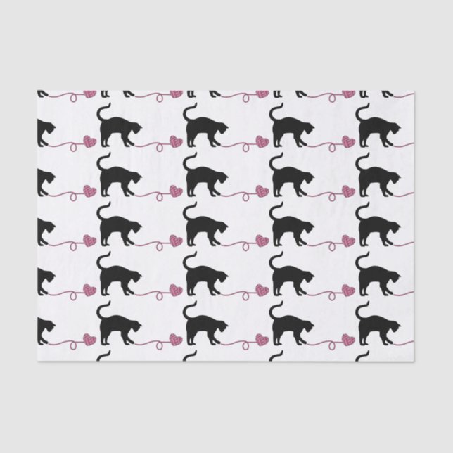 Black Cat & Heart Shaped Yarn (Pink) Tissue Paper (Front)