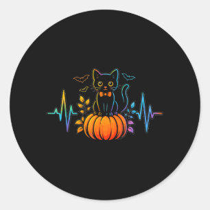 Black Cat Heartbeat Halloween Pumpkin For Women Classic Round Sticker