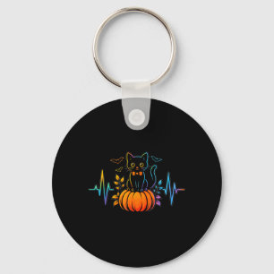 Black Cat Heartbeat Halloween Pumpkin For Women Key Ring