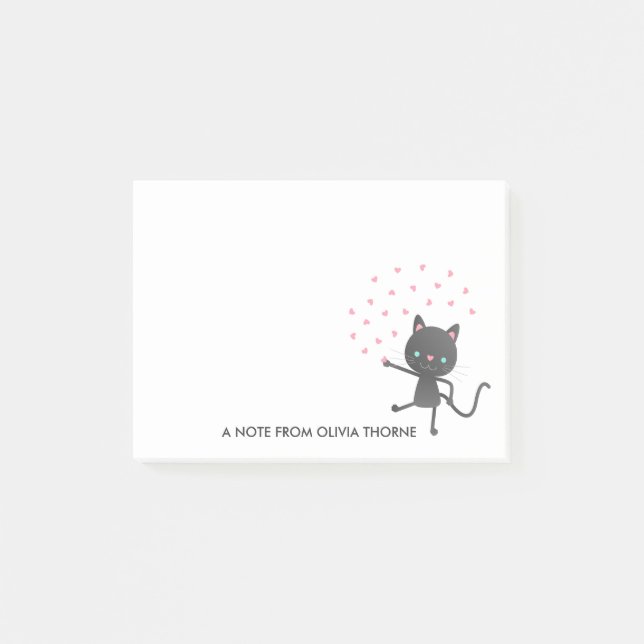 Black Cat & Hearts - Custom Name Post-it Notes (Front)