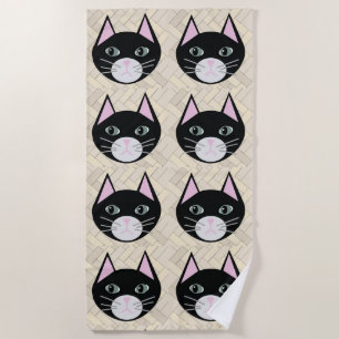 Black Cat Herringbone Beige Beach Towel