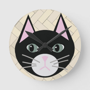 Black Cat Herringbone Beige Round Clock
