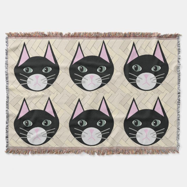 Black Cat Herringbone Beige Throw Blanket (Front)