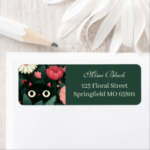 Black Cat Hidden In Pink Flower Green Background Return Address Label