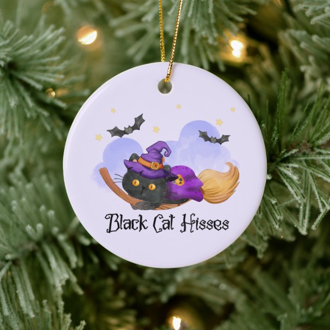 Black Cat Hisses – Halloween Witch Cat Ceramic Ornament (Tree)