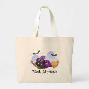 Black Cat Hisses – Halloween Witch Cat Large Tote Bag