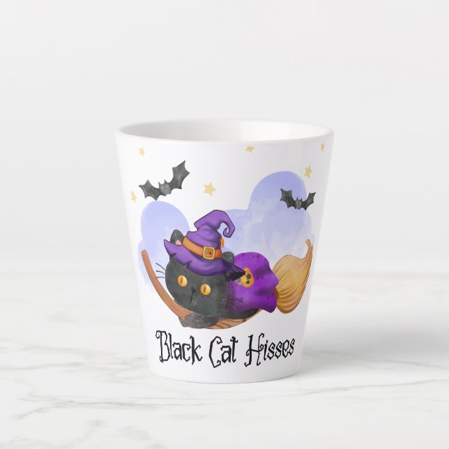 Black Cat Hisses – Halloween Witch Cat Latte Mug (Front)