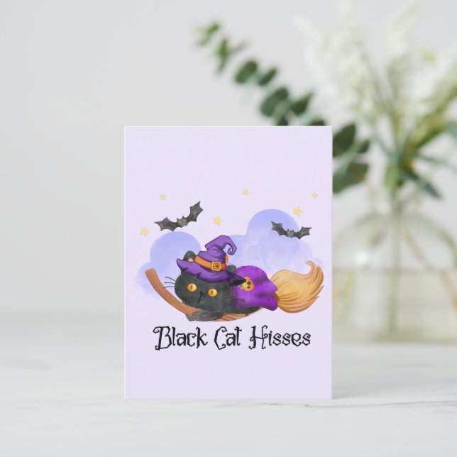 Black Cat Hisses – Halloween Witch Cat Postcard (Standing Front)