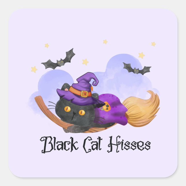 Black Cat Hisses – Halloween Witch Cat Square Sticker (Front)