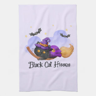 Black Cat Hisses – Halloween Witch Cat Tea Towel