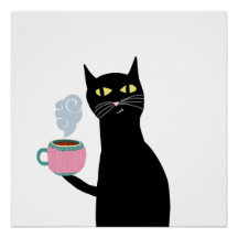 Black cat holding a cozy mug