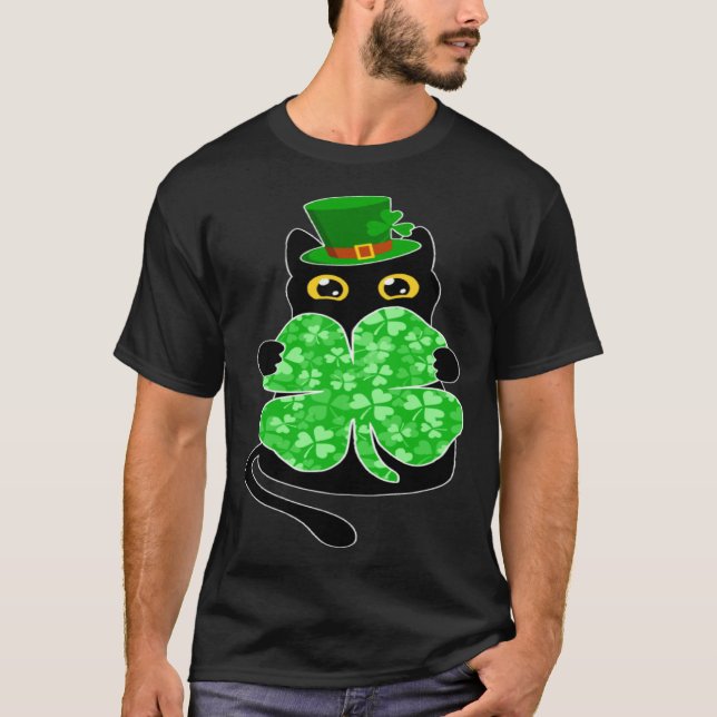 Black Cat Holding C Shamrock St Patricks Day 2023 T-Shirt (Front)