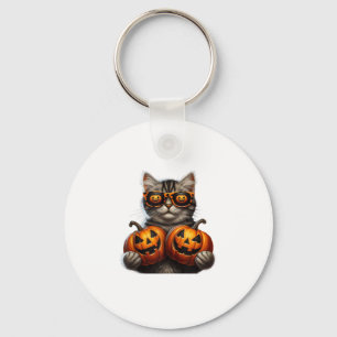 Black Cat Holding Pumpkin Halloween Cat Lovers Wom Key Ring