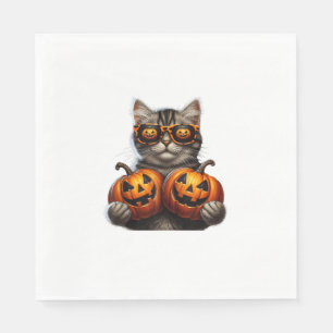 Black Cat Holding Pumpkin Halloween Cat Lovers Wom Napkin