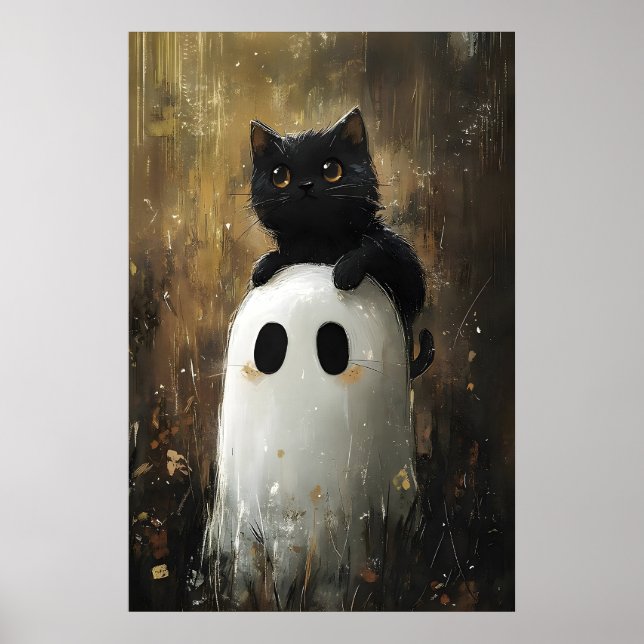 Black cat hugs cute ghost print, digital Halloween Poster (Front)