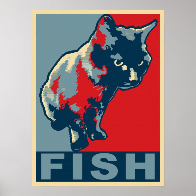 Black Cat Hungry for Fish - Pop Art Red & Blue Poster (Front)