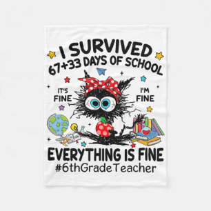Black Cat I Survived 67+33 Days Of School 6th Grad Fleece Blanket