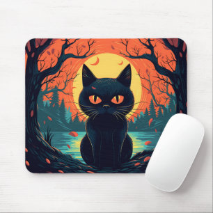 Black Cat Illustration Graphic Spooky Halloween Mouse Pad