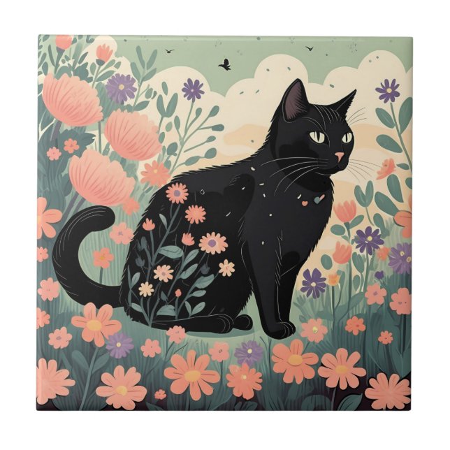 Black cat illustration in a field of flowers ceramic tile (Front)