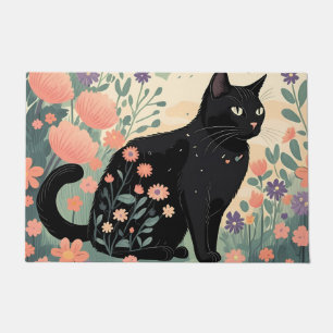 Black cat illustration in a field of flowers doormat