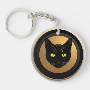 Black Cat Illustration on Golden Circle Key Ring