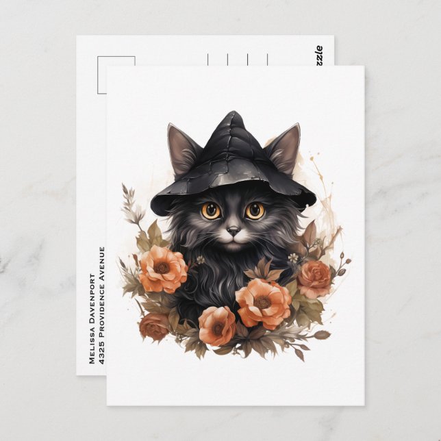 Black Cat in a Black Witch's Hat Halloween Postcard (Front/Back)
