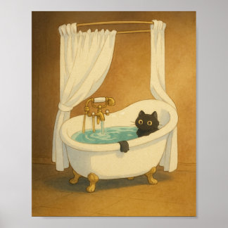 Black Cat in a Clawfoot Bathtub Art Print