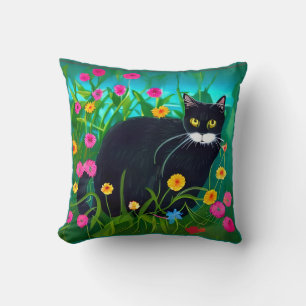 Black Cat in a Colourful Flower Garden Cushion
