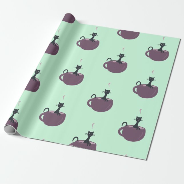 Black Cat in a Cup Green Wrapping Paper (Unrolled)