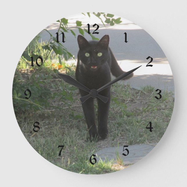 Black Cat in a Garden Large Clock (Front)