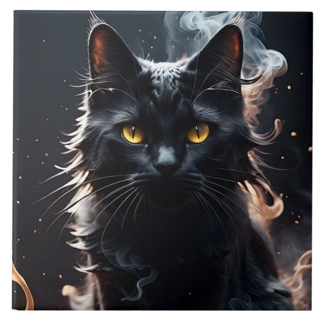 Black Cat in a Haze of Smoke  Ceramic Tile (Front)