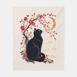 Black Cat in a Japanese Moon Garden Fleece Blanket