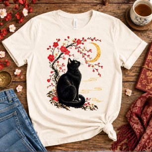 Black Cat in a Japanese Moon Garden Tri-Blend Shirt