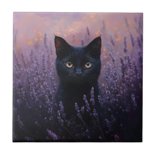 Black Cat in a Lavender Field Illustration Ceramic Tile