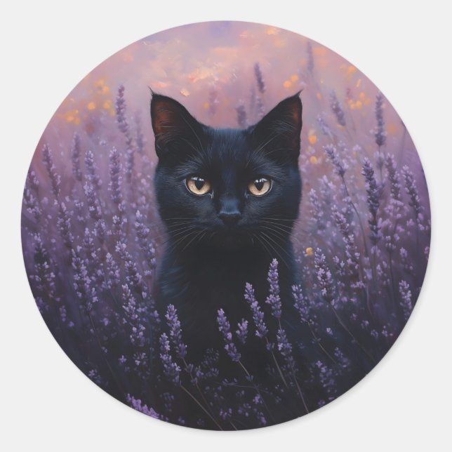 Black Cat in a Lavender Field Illustration Classic Round Sticker (Front)
