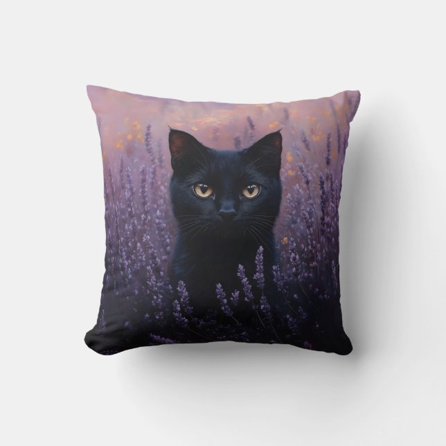 Black Cat in a Lavender Field Illustration Cushion (Front)